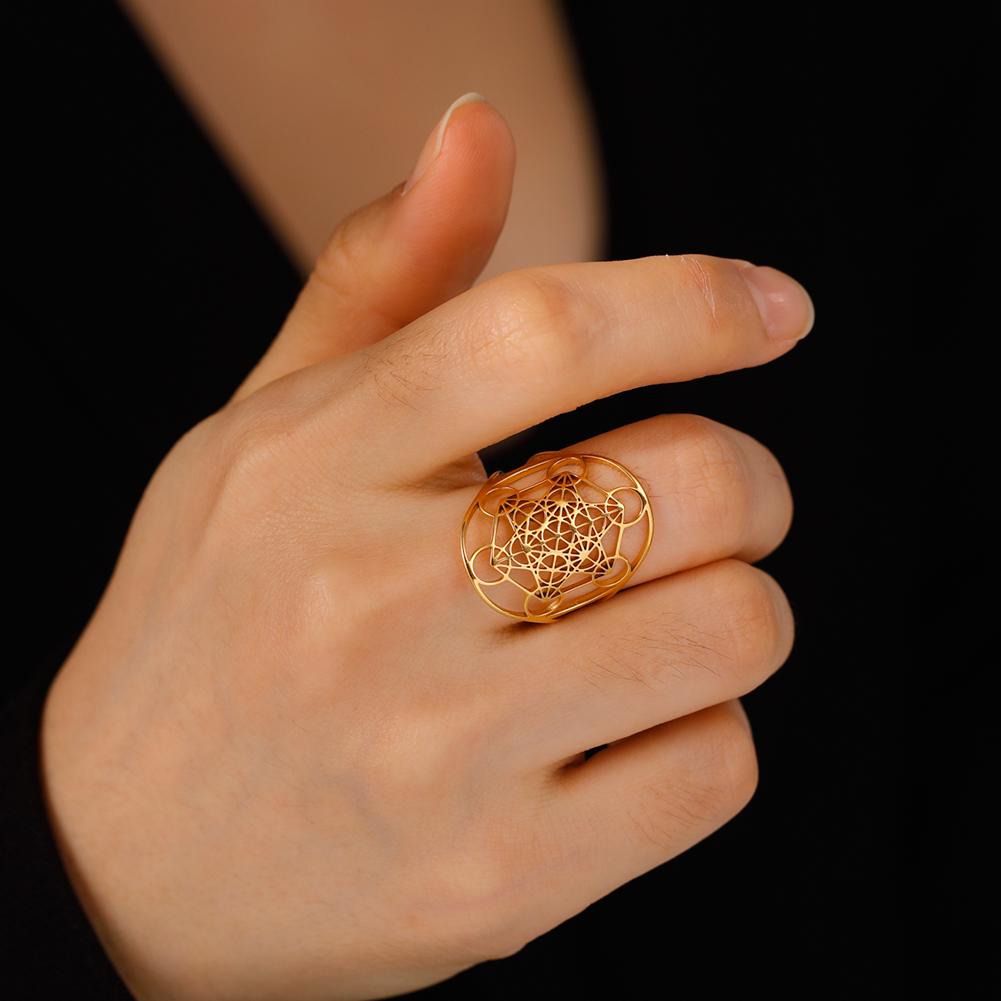 Adjustable Angel Seal Archangel Metatron Cube Ring Stainless Steel Sacred Geometry Spiritual Jewelry Gift for Men Women