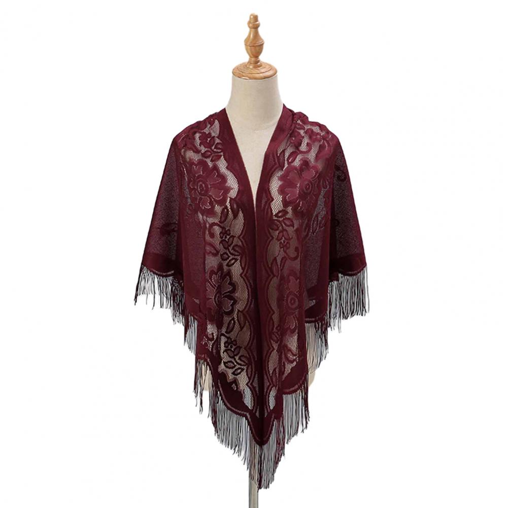 1116  Women Party Shawl Flower Embroidery Hollow Out Tassel See-through Solid Color Clothes Matching Cardigan Prom Scarf Lady