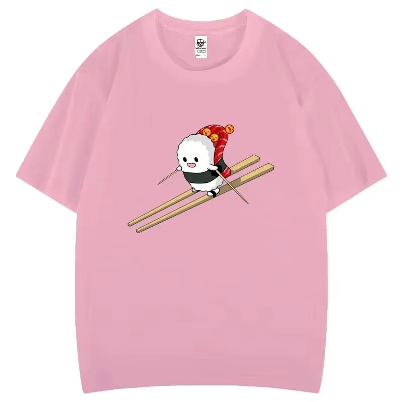 Funny Sushi Ski Cartoon Graphic T-shirt Creative Popular Fashion Aesthetics Print Tops Gothic Hipster Casual Streetwear