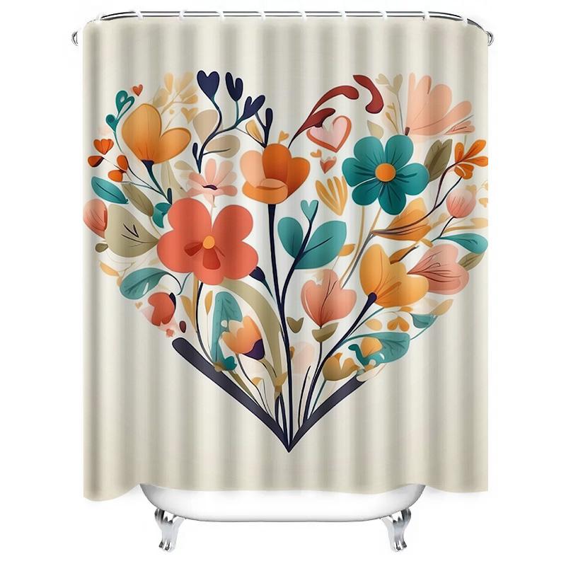 Colorful Heart-Shaped Floral Print Shower Curtain For Bathroom Decor