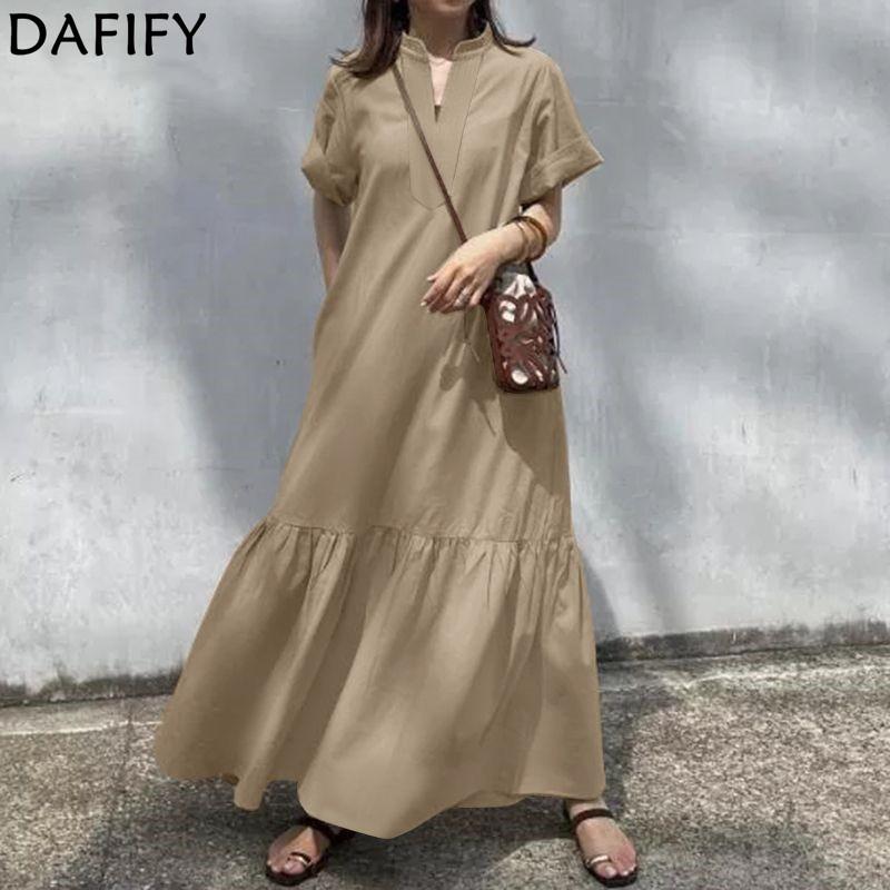 DAFIFY Women's Fashion Summer Spring Solid Color Print Short Sleeve V-Neck Loose Waistline Casual Dresses