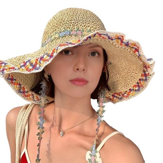 Women Handmade Straw Hat Embroidered Floral Chin Strap Sun Protection Hat Wide Brim Summer Beach Travel Hat