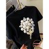 New Sweet Style Pearl and Rhinestone Bouquet Print Short Sleeve Round Neck Shirt T Women's T Shirt Suitable for Casual Outings In Spring and