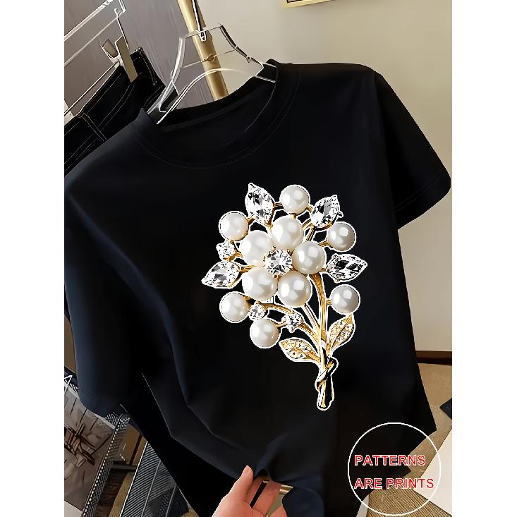 New Sweet Style Pearl and Rhinestone Bouquet Print Short Sleeve Round Neck Shirt T Women's T Shirt Suitable for Casual Outings In Spring and