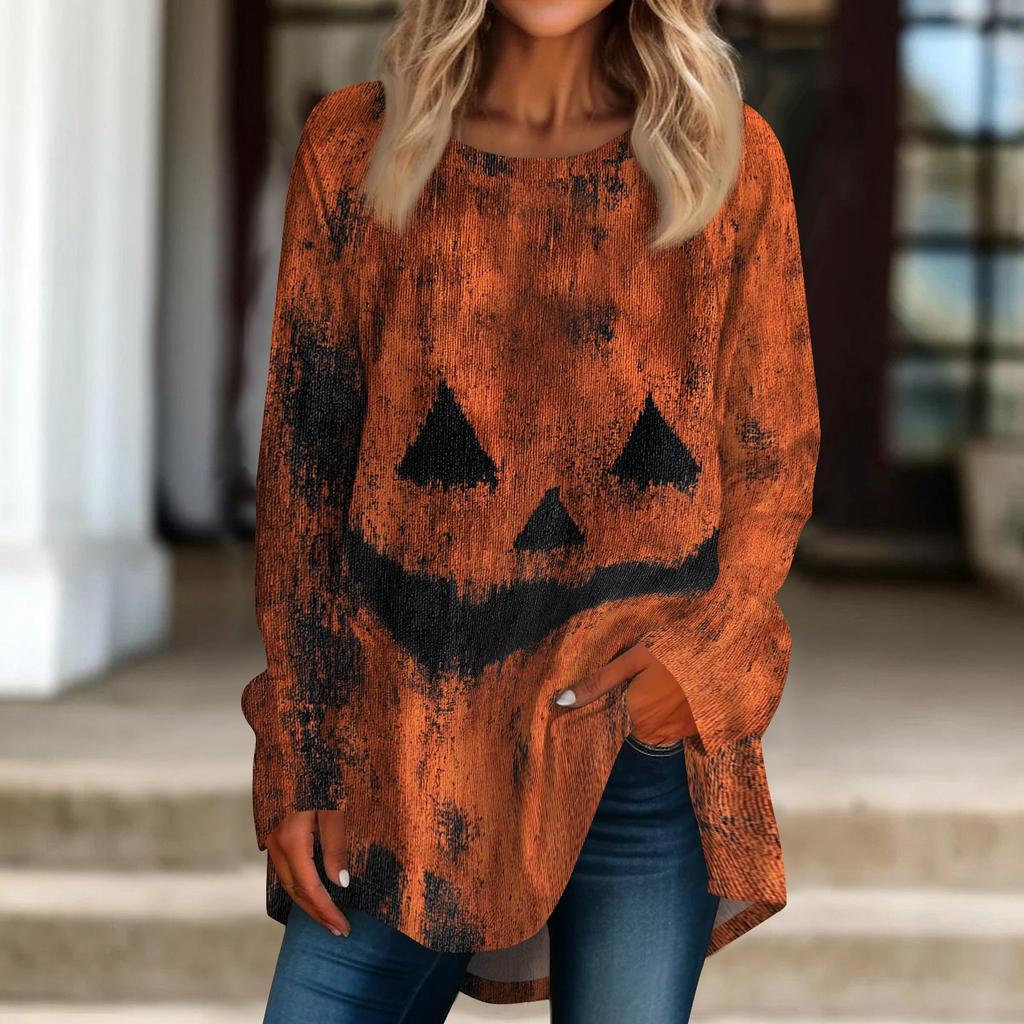 Women's Halloween Graphic Print Long Sleeve T-Shirt Loose Fit Round Neck Pullover