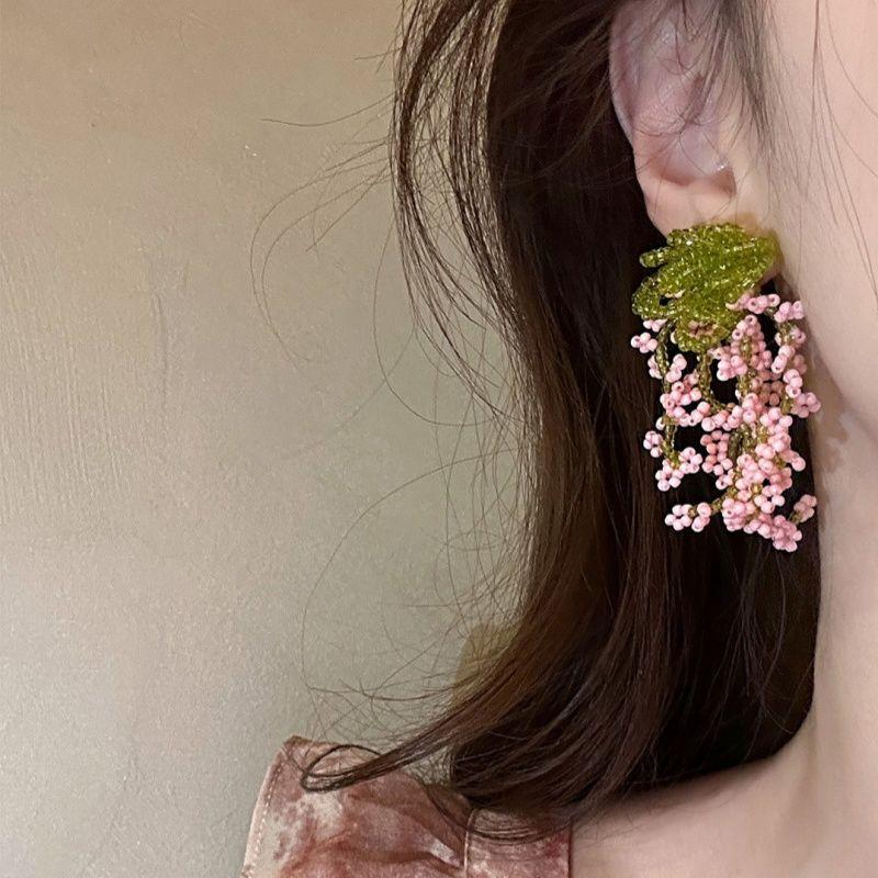 Rice Bead Flower Cluster Fringed Earrings Small Fresh Vacation Style Stud Earrings Versatile Fashionable Summer Earrings