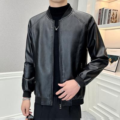 New Men'S Small Stand-Up Collar Leather Jacket Men'S Casual Men'S Leather Jacket Thin Baseball Collar Jacket