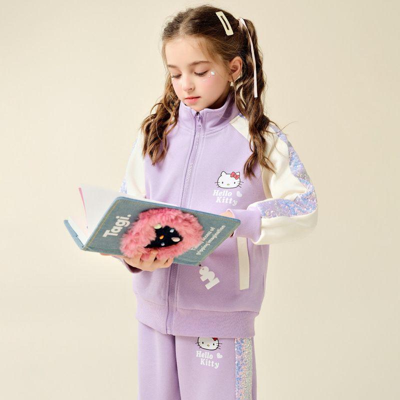 Спортивный костюм для девочек Hello Kitty 2024 Весна Новый, приятный для кожи, дышащий, мягкий, комплект из двух предметов Purple 110