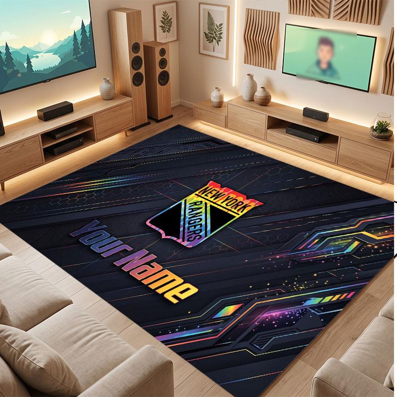 New York Rangers Personalisierter Kristall-Samtteppich, Benutzerdefinierter Name Text Weicher Anti-Rutsch-Teppich für Wohnzimmer Schlafzimmer