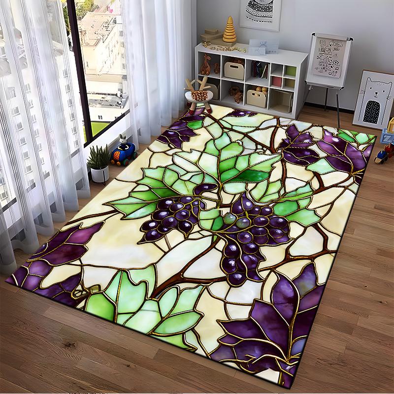 "Stained Glass Style Carpet with Green Leaves and Purple Grapes Design" Suitable for use as an anti-slip for living room bedroom sofas
