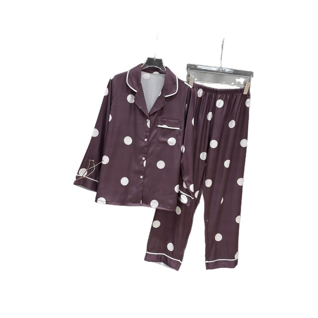 Pajamas women's spring and autumn ice silk long-sleeved trousers simple polka dot set high-grade satin sweet polka dot loungewear thin
