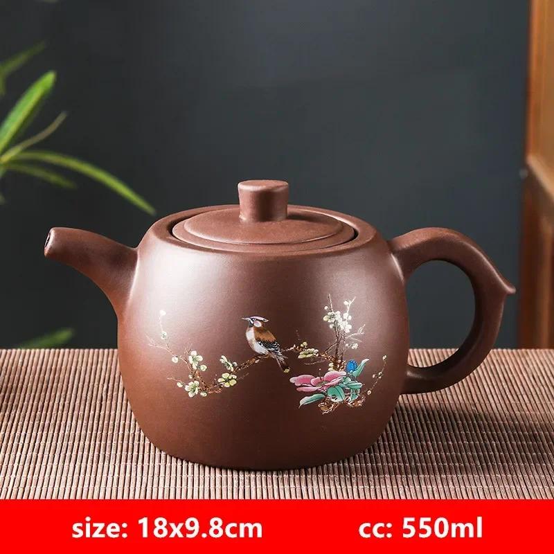Teiere in argilla viola Yixing di grande capacità con fiori e uccelli, teiera fatta a mano con motivo a drago di fango Zhu, infusore per il tè, set da tè cinese