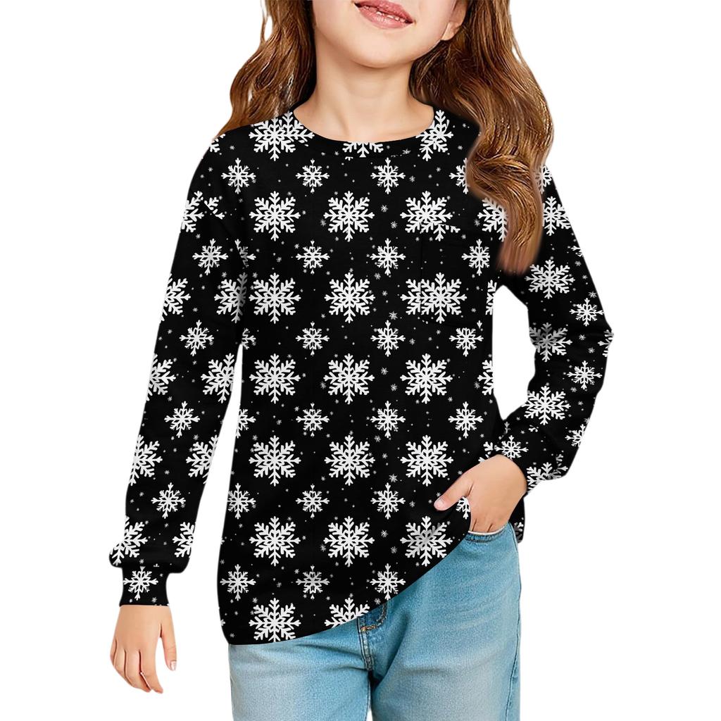 Christmas Day Girls' Long Sleeve Blouse - Round Neck Soft Waist Tunic