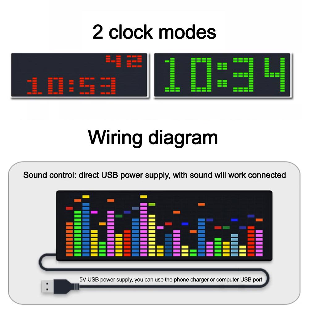 Voice Activated LED Music Spectrum Rhythm Light Colorful 1624 RGB Voice Sensor With Clock Display Audio Level Indicator VU Meter