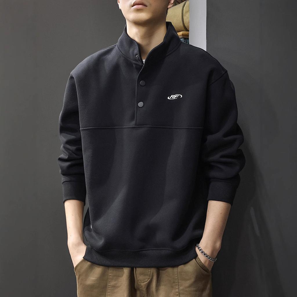 Autumn Heavy Half-Open Polo Neck Sweater Men'S American Trendy Brand Embroidered Outer Wear Long-Sleeved Loose Pullover Casual Jacket