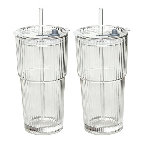 2Pcs Iced Coffee Glass with Lid And Straw 600ml Capacity Ribbed Tumbler