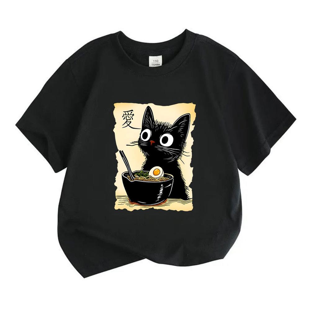 Kids Boys Girls 100% Cotton Crew Neck Short Sleeve T-Shirt, Cute Black Cat Ramen Noodle Graphic Tee Casual Summer Daily Wear Tops for Children