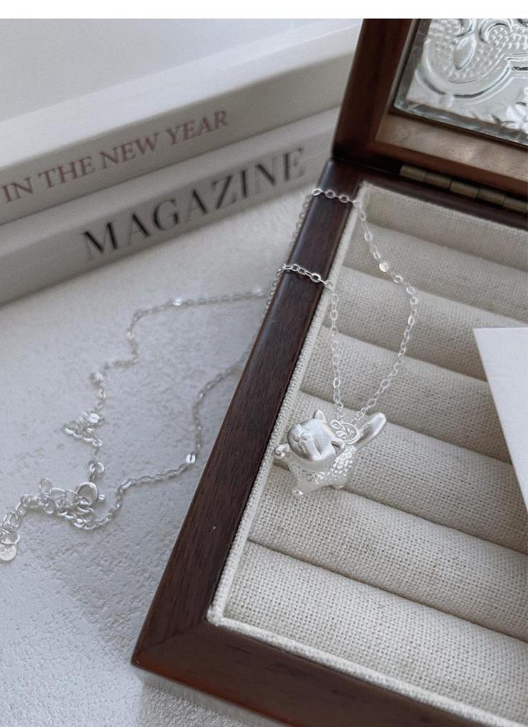 S999 Sterling Silver Cute Cat Necklace for Women - Korean Style 3D Small Cat Pendant on Light Luxury Clavicle Chain