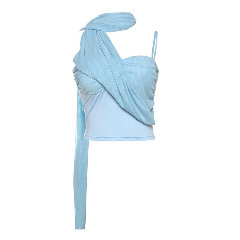 

Fashion Style Women s Clothing 2025 Summer New Arrival Sexy Halter Bare Midriff Slim Fit Mesh Patchwork Scarf Collar Sling Blue L