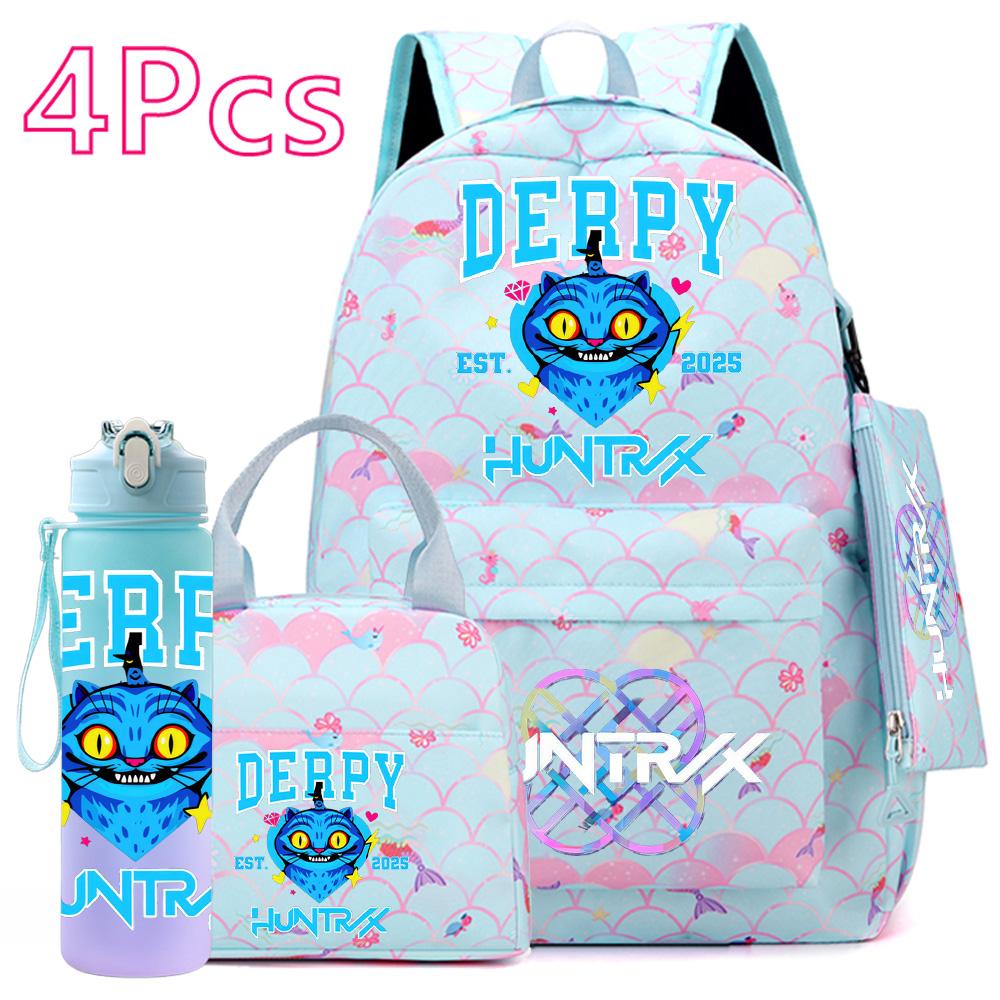 4Pcs/set Anime Cute Printed Backpack Large Capacity Bookbag HandBag Case Bag with 750ml Water Bottler Boy Girl SchoolBag Waterproof Mochila