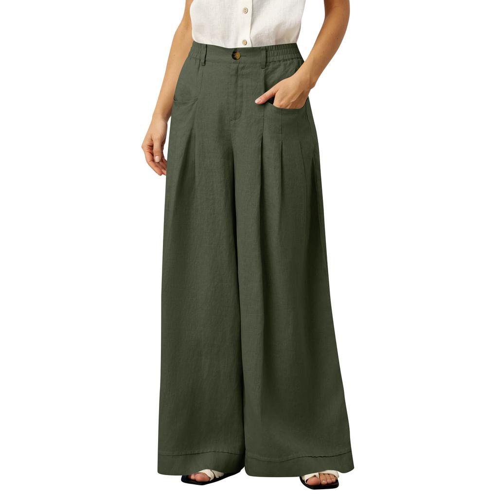 Women Wide Leg Trousers High Waist Pleated Loose Fit Pants with Pockets Button and Zip Closure for Office Casual Wear