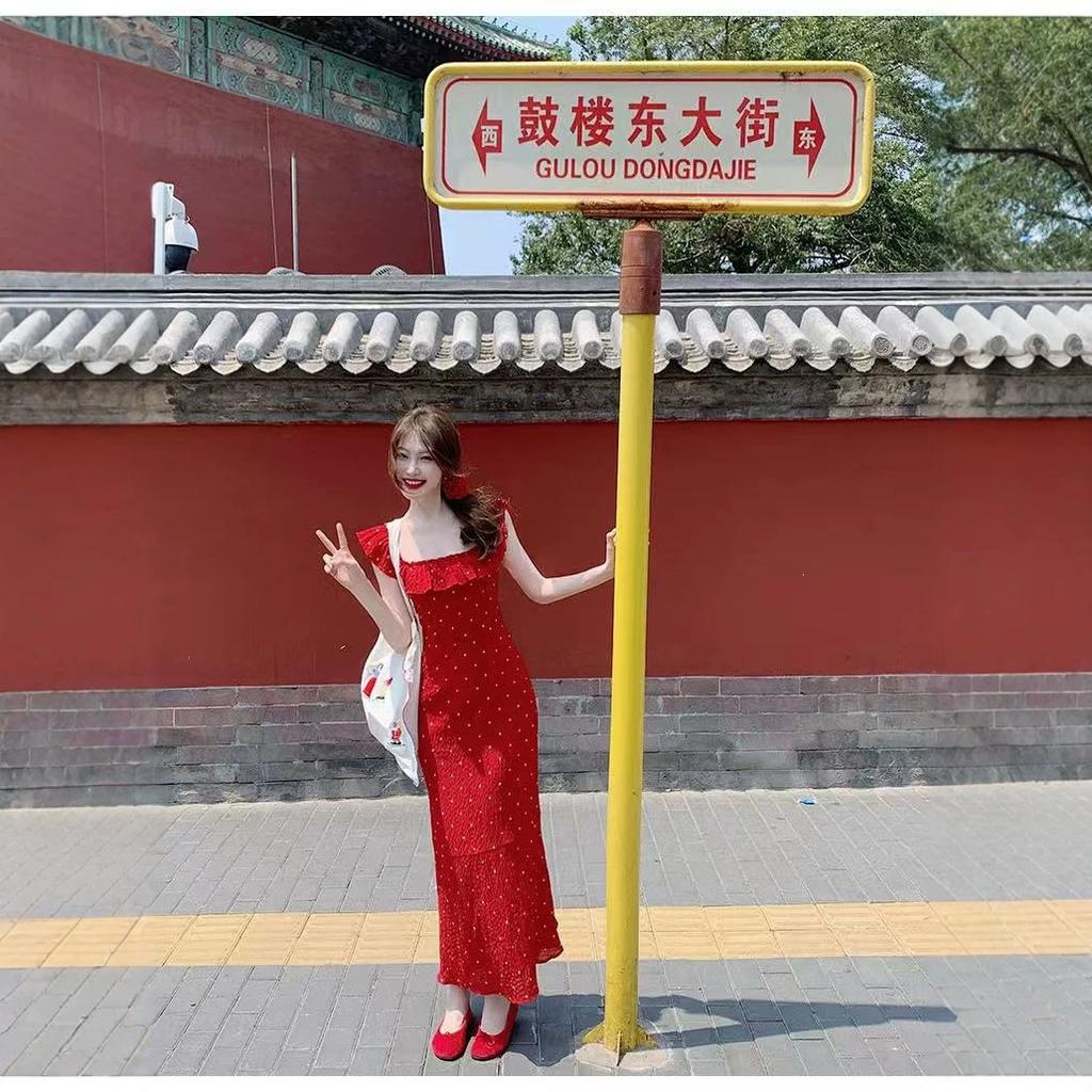 Xiaofei sleeve backless red polka dot dress women's summer French gentle ruffle edge waist thin a word long dress