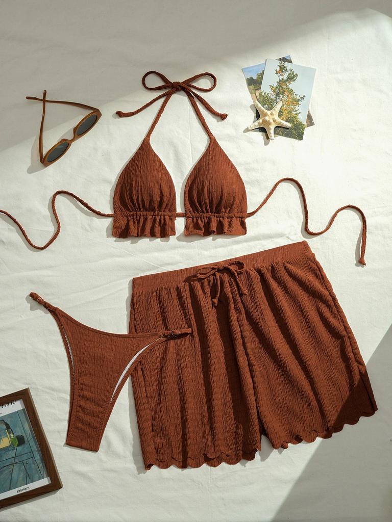 Evropské a americké sexy třídílné bikini Speciální látka Plavky Dámské Jednobarevné Plážové oblečení Dovolenková plavka