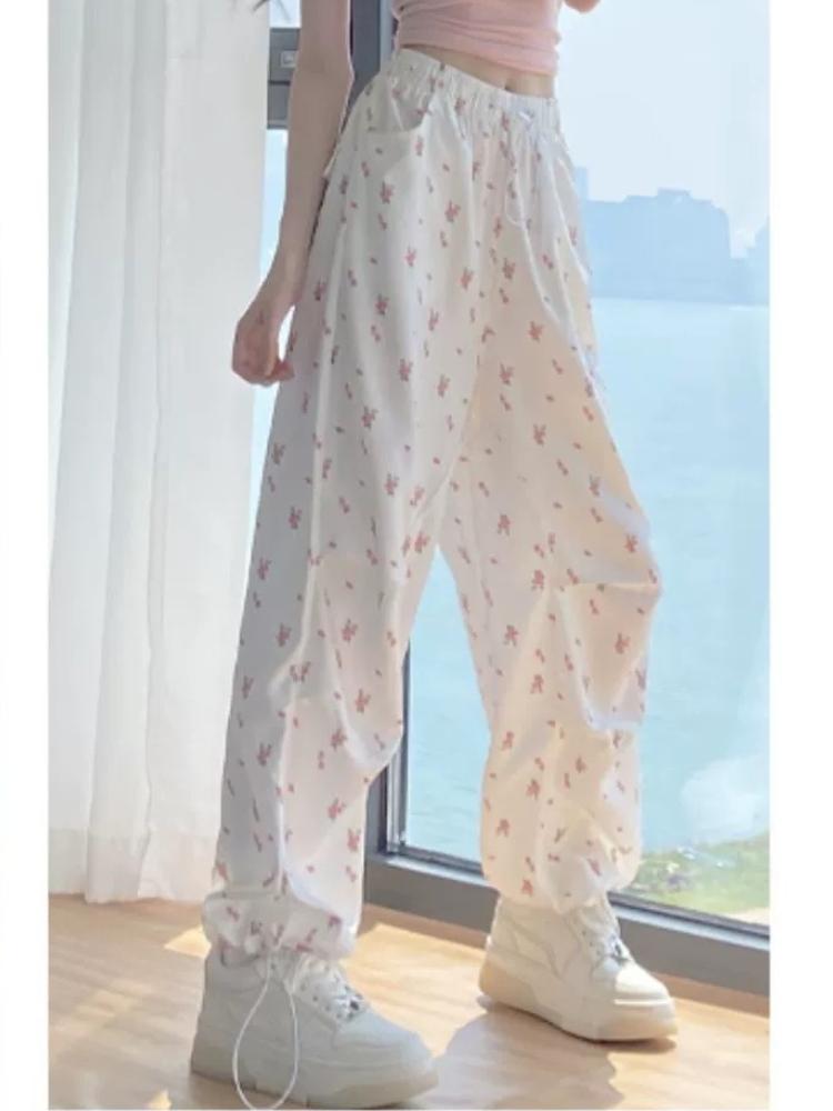 Weiße, geblümte, lockere Yamamoto-Hose für Damen, Sommer, dünne, hohe Taille, gerade, Freizeithose, Joker, schlanke Sporthose mit weitem Bein, Streetwear
