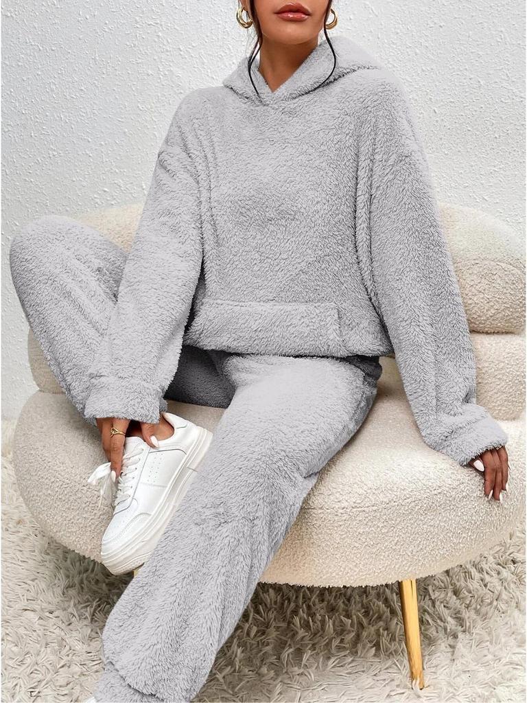 Autumn/Winter 2025 Women's Solid Plush Hooded Long Sleeve and Pants Set - European & American Style Casual Wear