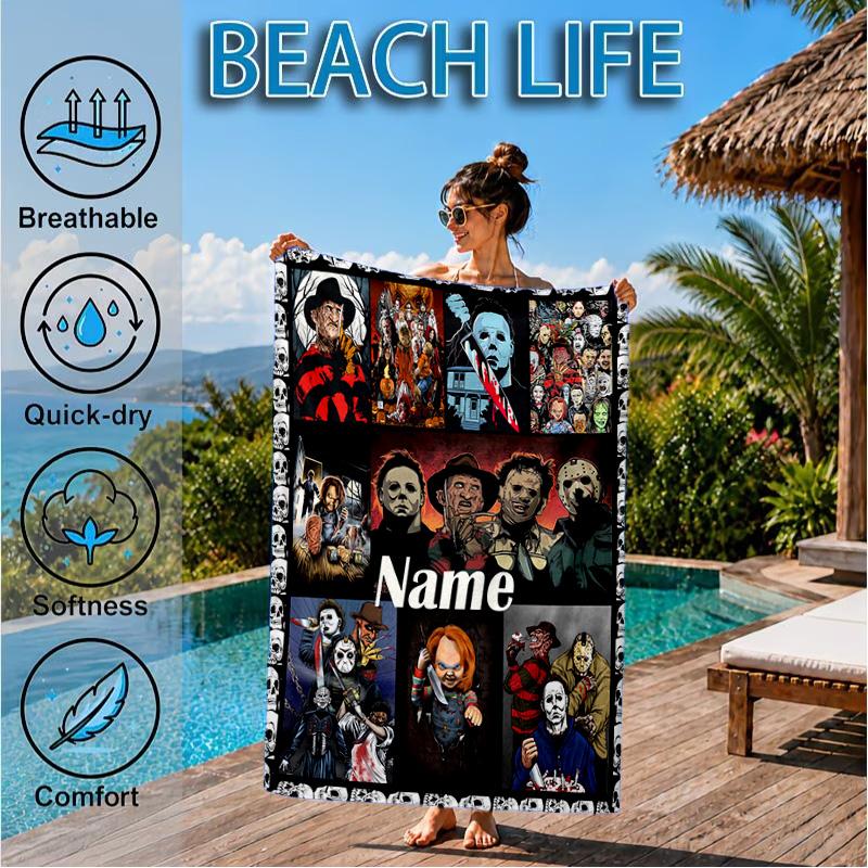 Custom Name Clown Horror Microfiber Beach Towel, Quick-Dry, for Summer Travel, Beach Essential, Picnic Essentials, Swimming Pool