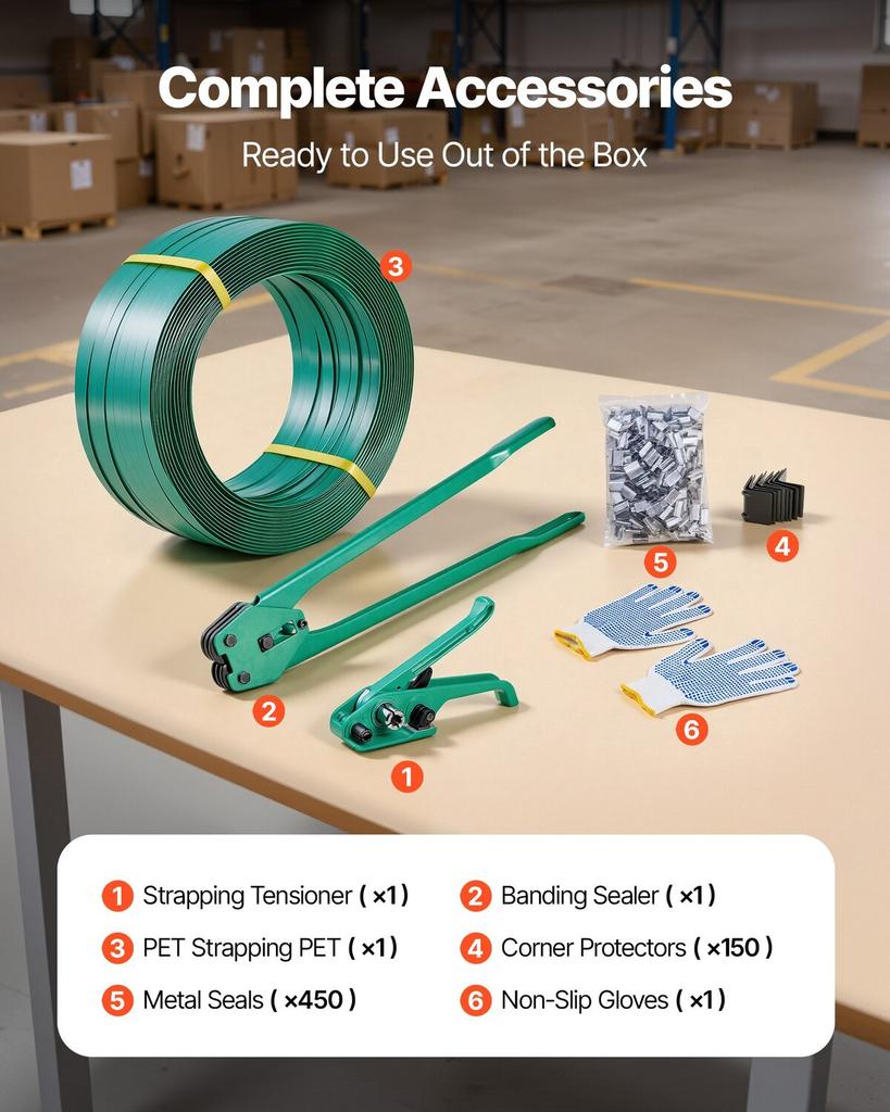 Banding Strapping Kit, Heavy Duty Banding Sealer Tool with 457m PET Band, 450 Metal Seals, 150 Corner Protectors & Gloves, Plastic Pallet Packaging