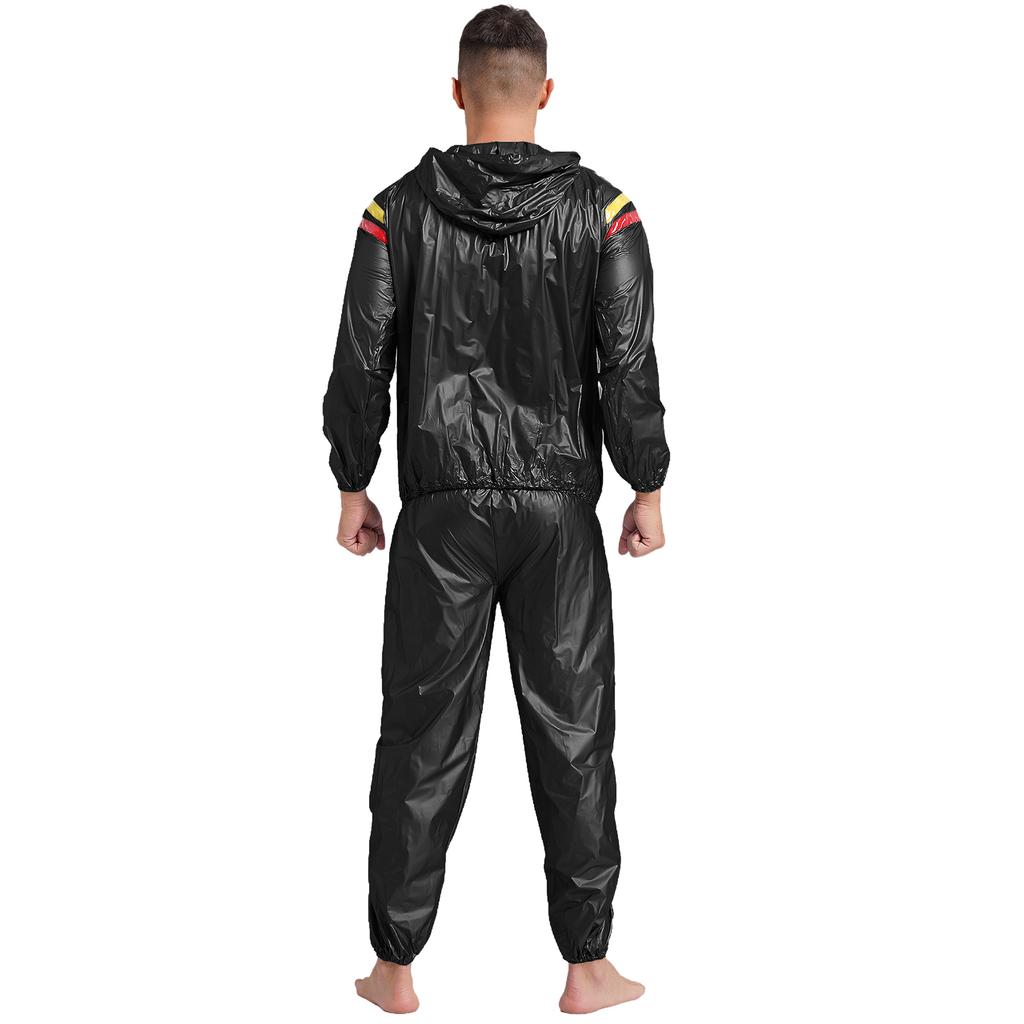 S-4XL Tuta da Sauna Sudorazione Uomo Manica Lunga Giacca con Cappuccio con Pantaloni a Vita Elastica PVC Allenamento Palestra Outfit