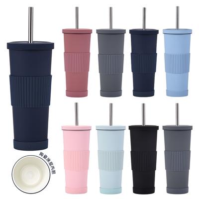 2025830Ml Copo de Chá de Leite com Revestimento Cerâmico Antiderrapante Portátil com Canudo Copo Térmico Copo com Canudo de Aço Inoxidável