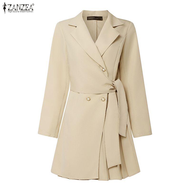 ZANZEA Women Casual Turn Down Collar Long Sleeve Elegant Shift Dress