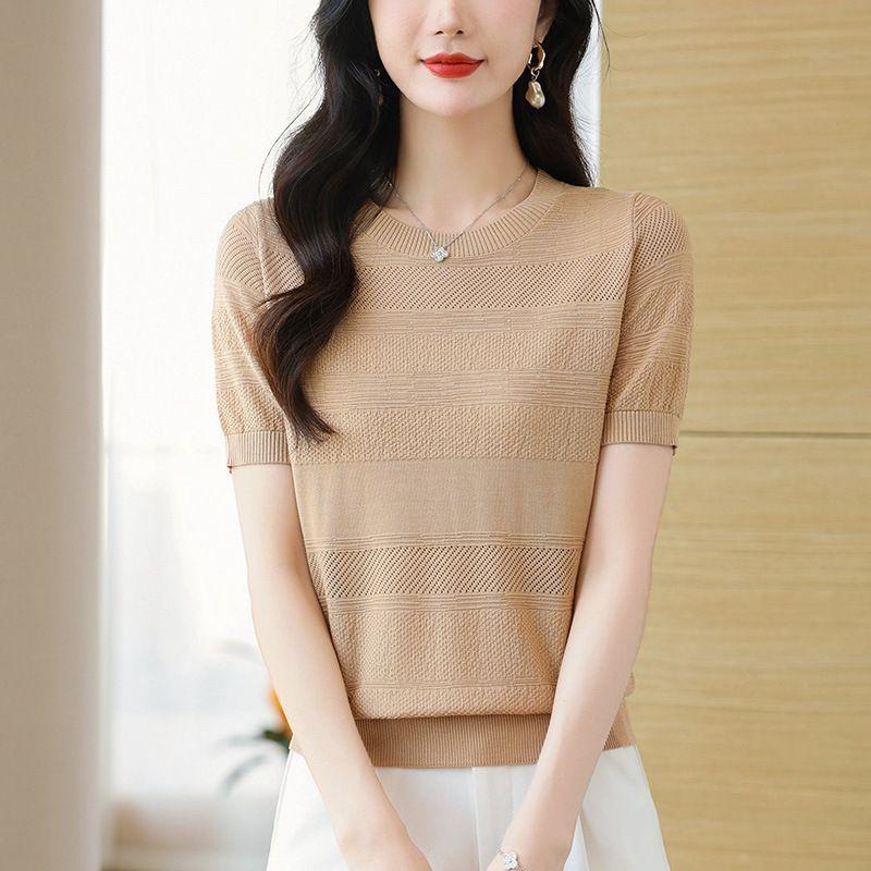 

Женская трикотажная футболка 2024 года, новый летний стиль, летнее платье для мам, тонкий свободный верх, трикотажная рубашка L абрикосовый