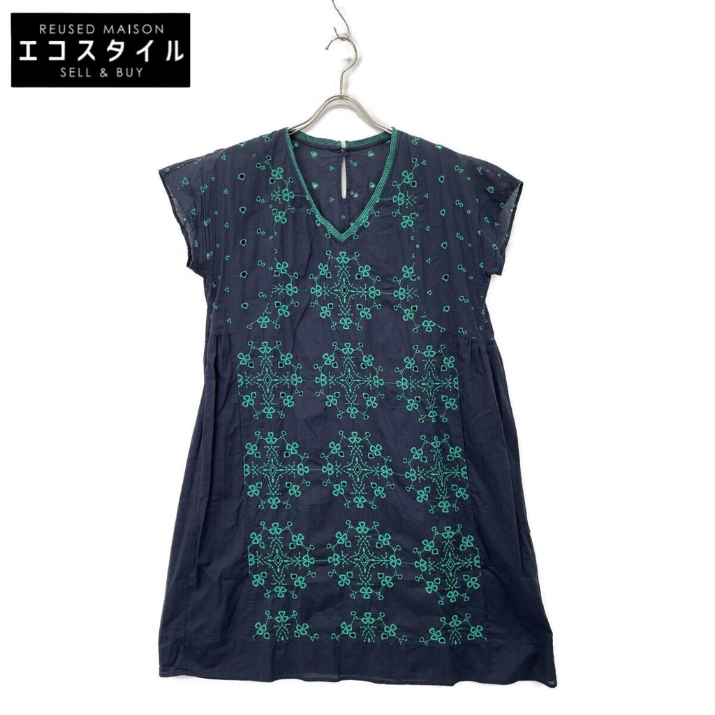 Haat HA31FT622 Navy X Green Short Sleeve Embroidered Dress Dress 3 Navy X greenUsed