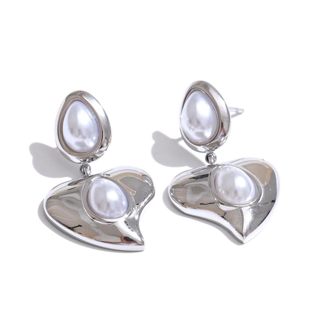 Yhpup Popular Imitation Pearls Heart Drop Daily Earrings Gift for Women Stainless Steel Elegant Romantic Jewelry Water Resistant
