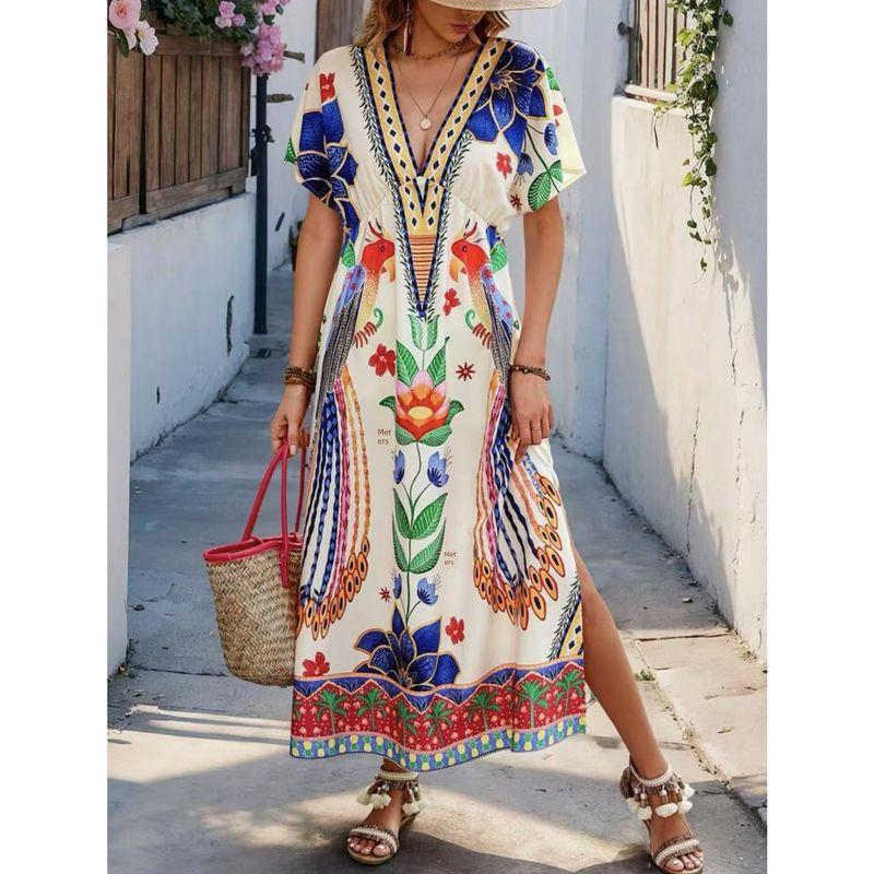 

European and American Summer New V-neck Print Fashion Loose Short sleeve Long Dress Blue flowers on white background S