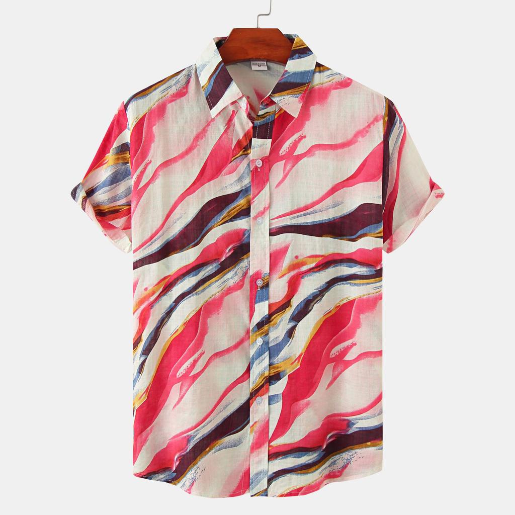 Men's Hawaiian Fashion Resort Print Short Sleeve Top Beach Button Up Shirt