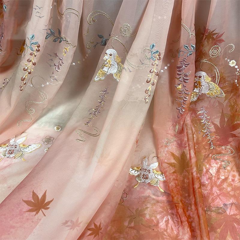 1/3/5M starożytny styl gradientowy Hanfu tkanina króliczek glicynia drukowany szyfon haft tkanina do szycia diy kostium Hanfu sukienka