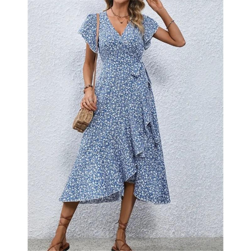 Kleine florale V-Ausschnitt Strickjacke mit Bändern, kurzärmeliges böhmisches Big-Swing-Urlaubskleid