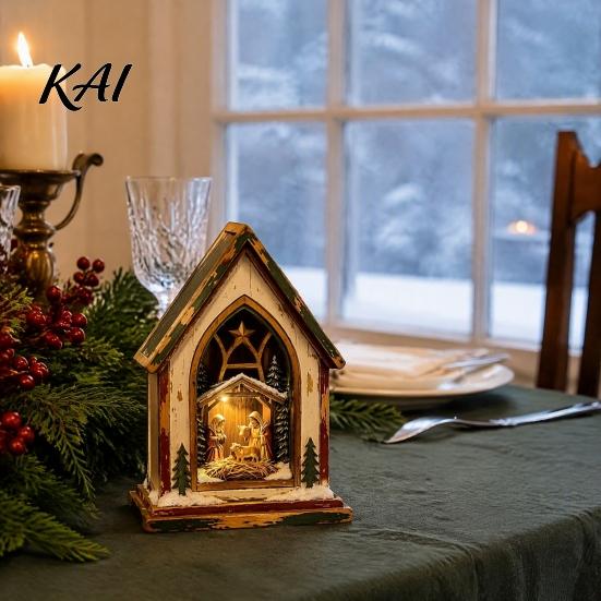 Retro Style Holiday Table Accents Christmas Wooden Tabletop Decor with Warm LED Lights, 2D Printed Snow Village Scene Charming Winter Keepsakes