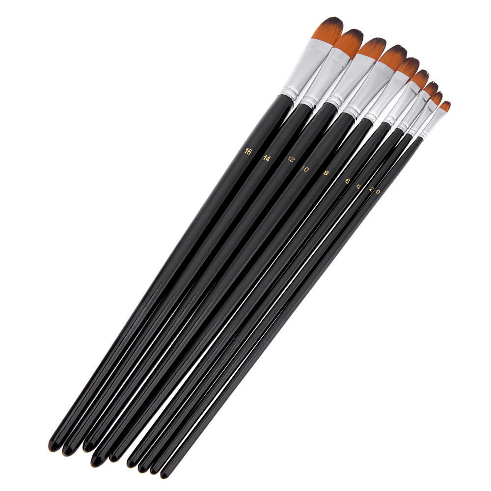 9pcs Nylon Hair Paint Brush Set Filbert Head Wooden Handle Artists Gouache Watercolor Acrylic Brushes Art Supplies