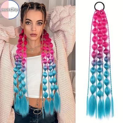 60CM Color Bubble Braid Synthetic Wig Fashion Hip-hop Color Gradient Ladies Wig Simulation Natural High Temperature Silk Hair