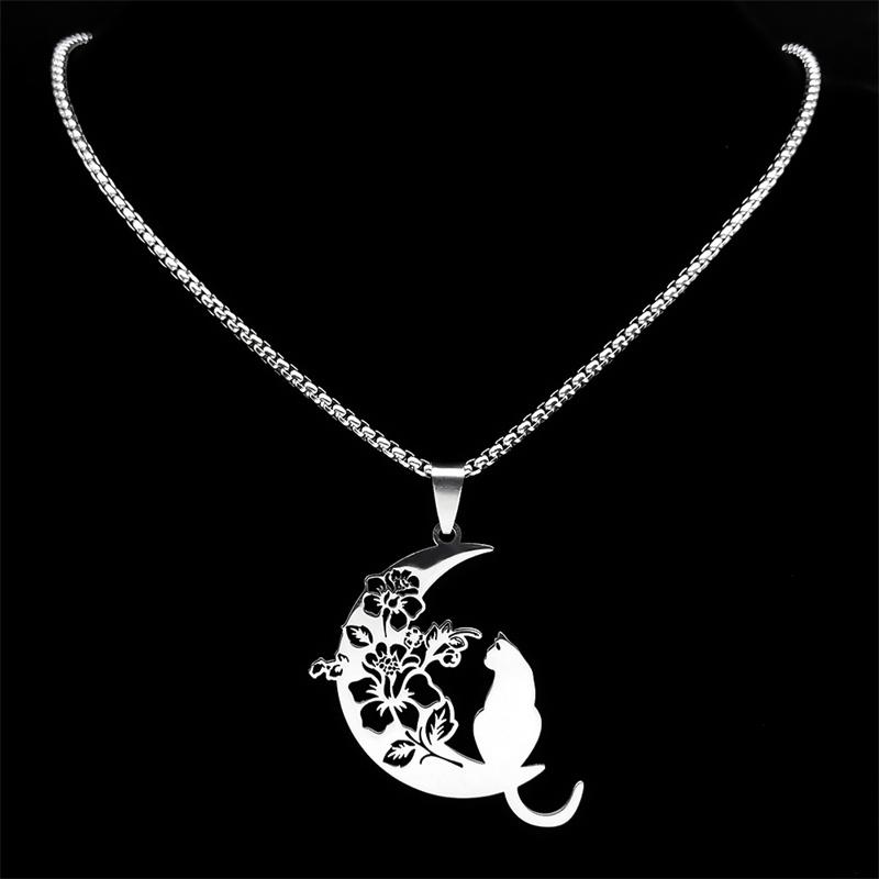 Aesthetic Cat Flower Moon Crescent Necklace for Women Men Stainless Steel Silver Color Bohemia Chain Gift Jewelry Collar 3220