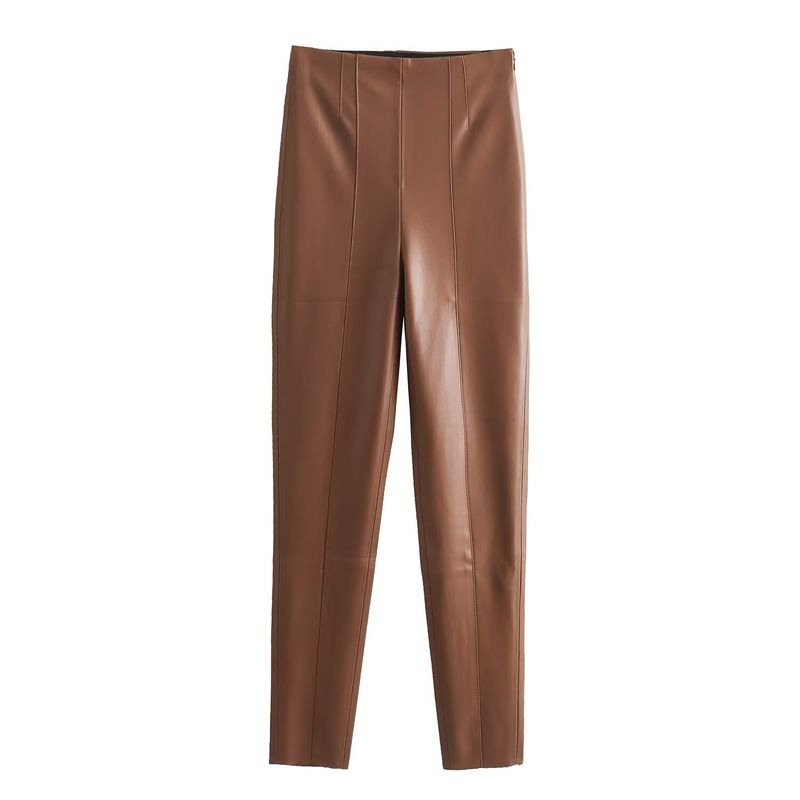 

Kaslead Fashion Silm Imitation Leather High Waist Leggings Light brown XS