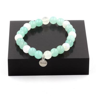 Stones and Minerals. Angelite Pearl Bracelet + Moonstone 8 Mm. Made In France.