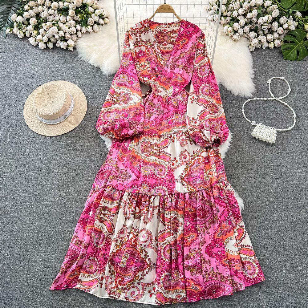 High-end Celebrity Temperament Lantern Long-sleeved V-neck Waist Thin A-word Printed Dress Elegant Pendulum Long Skirt