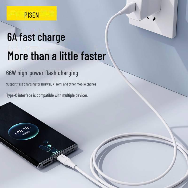 PISEN 6A USB-C 2m Schnellladekabel für Huawei, Xiaomi, Android-Geräte (66W)