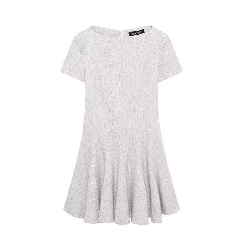 

European American Women s Clothing Fashionable Round Collar Short-sleeved Wavy Skirt Dress S светло-серый